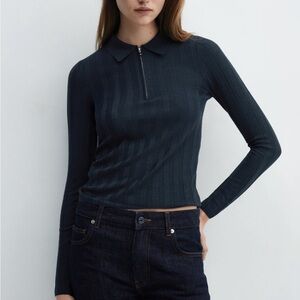 MANGO Navy Ribbed Half-Zip Collared Sweater